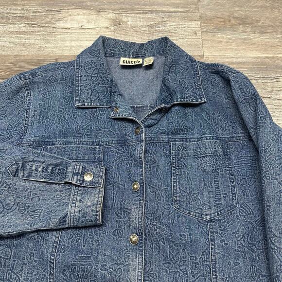 Vintage 90s Chicos Design Floral Blue Womens 2 Stretch Snap Front Denim Jacket - Picture 1 of 8
